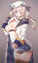 Rule 34 | 10s, 1girl, bad proportions, bare shoulders, beret, blonde hair, blue eyes, breasts, clothes lift, cucouroux (granblue fantasy), eyebrows, gradient background, granblue fantasy, hat, jacket, koza game, large breasts, lifting own clothes, navel, nipples, no bra, panties, panty pull, pussy juice, shirt lift, skirt, skirt lift, solo, standing, underwear, white panties