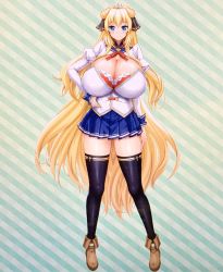 Rule 34 | 1girl, alternate costume, black thighhighs, blonde hair, blue eyes, blush, boots, bow, breasts, btk, cleavage, full body, hair bow, hand on own hip, hand on thigh, highres, honoo no haramase oppai nyuu doukyuusei, horns, huge breasts, long hair, looking at viewer, michelle de la farge, shiny skin, smile, solo, squeez (artist), thighhighs, tiara, unusual pupils, very long hair