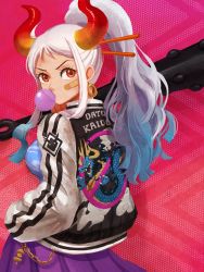 Rule 34 | 1girl, aqua hair, artist request, bandaid, bandaid on face, blush, chewing gum, club (weapon), delinquent, earrings, eyelashes, gradient hair, grey hair, hair ornament, highres, horns, jacket, jewelry, long hair, looking at viewer, multicolored hair, one piece, ponytail, punk, purple skirt, red eyes, skirt, solo, source request, standing, weapon, white hair, yamato (one piece)