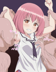 Rule 34 | 1girl, 3boys, armpits, arms up, black necktie, brown eyes, clenched teeth, clothes, faceless, faceless male, grabbing, grabbing another&#039;s breast, group sex, hanabikawa alice, hetero, highres, licking, licking armpit, minamoto momo, multiple boys, necktie, pink hair, release the spyce, saliva, sweat, teeth, tongue, tongue out