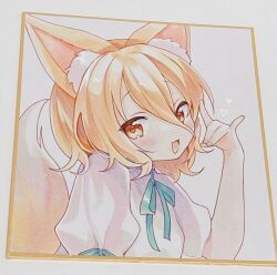 Rule 34 | 1girl, :d, animal ear fluff, animal ears, blonde hair, commentary, fox ears, fox girl, fox shadow puppet, fox tail, grey background, hair between eyes, highres, kudamaki tsukasa, looking at viewer, moni monico, open mouth, short hair, simple background, smile, solo, symbol-only commentary, tail, touhou, traditional media, upper body, yellow eyes