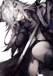 Rule 34 | 1girl, animal ears, ankoro mochi, arknights, black coat, black gloves, blood, bloody weapon, coat, fur trim, gloves, grey eyes, grey hair, hair between eyes, hair ornament, hairclip, hand on own chest, highres, lappland (arknights), lappland (refined horrormare) (arknights), long sleeves, looking at viewer, official alternate costume, open mouth, scar, scar across eye, smile, solo, sword, torn clothes, weapon, white background, wolf ears