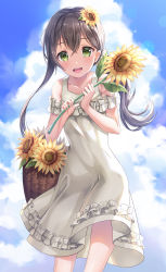 Rule 34 | 1girl, :d, bang dream!, bare shoulders, basket, blue sky, brown hair, cloud, cloudy sky, collarbone, commentary request, day, dress, flower, frilled dress, frills, green eyes, hair between eyes, hair flower, hair ornament, hanazono tae, highres, holding, holding flower, long hair, looking at viewer, lunacle, open mouth, outdoors, round teeth, sky, smile, solo, sunflower, teeth, twintails, upper teeth only, very long hair, white dress, yellow flower