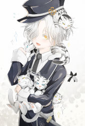 Rule 34 | 1boy, animal, animal hands, animal on head, animal on shoulder, black necktie, clothed animal, colored eyelashes, commentary request, flower knot, flying sweatdrops, freckles, gokotai, gokotai&#039;s tigers, hair over one eye, happy, highres, looking at viewer, male focus, military, military uniform, necktie, on head, open mouth, pale skin, sheath, sheathed, single eye, sleeves past wrists, solo, tiger, tiger cub, tilted headwear, touken ranbu, uniform, upper body, wavy hair, white hair, white tiger, yellow eyes