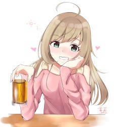 Rule 34 | 1girl, ahoge, alcohol, bare shoulders, beer, blush, breasts, commentary request, cup, drunk, elbow rest, elbows on table, glass, green eyes, grin, hair between eyes, hair ribbon, head in hand, head rest, head tilt, heart, heart-shaped pupils, holding, holding cup, idolmaster, idolmaster cinderella girls, jewelry, light brown hair, long hair, long sleeves, looking at viewer, medium breasts, mocacoco339, necklace, pink shirt, raglan sleeves, ribbon, sato shin, shirt, signature, simple background, sitting, smile, solo, squeans, symbol-shaped pupils, table, upper body, white background
