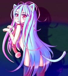 Rule 34 | 10s, 1girl, ahoge, animal ears, blue hair, blush, cat ears, cat girl, cat tail, female focus, highres, multicolored hair, naked scarf, no game no life, nude, paw pose, red eyes, scarf, shiro (no game no life), solo, synesterneko, tail, thighhighs