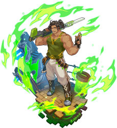 Rule 34 | 1boy, bara, bare arms, bare shoulders, biceps, black hair, dragalia lost, fingerless gloves, full body, gloves, green tank top, highres, large pectorals, long hair, looking at viewer, lrpanda00, male focus, muscular, over shoulder, pectorals, ranzal (dragalia lost), sideburns, simple background, solo, tank top, thick thighs, thighs, weapon, weapon over shoulder, white background