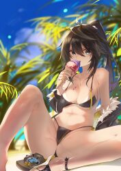 Rule 34 | 1girl, absurdres, beach, bikini, black bikini, black eyes, black hair, black jacket, blue sky, blurry, blurry background, collarbone, commission, crab, crotch, day, eating, food, haori, highres, holding, holding food, holding ice cream, holding ice cream cone, ice cream, ice cream cone, jacket, japanese clothes, looking at viewer, navel, original, outdoors, palm leaf, pparus, sandals, sitting, sky, smile, solo, spread legs, swimsuit, thighs