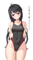 Rule 34 | 1girl, absurdres, ahoge, arms behind back, black hair, black one-piece swimsuit, commentary request, competition swimsuit, covered navel, crossed arms, facing viewer, highleg, highleg swimsuit, highres, hoshikawa kaguya, long hair, ncontrail (mgax7527), one-piece swimsuit, parted lips, red eyes, sideways glance, simple background, solo, swimsuit, tenshi souzou re-boot!, thigh gap, translation request, two-tone swimsuit, white background