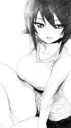 Rule 34 | 1girl, blush, breasts, casual, closed mouth, eyebrows, girls und panzer, greyscale, half-closed eyes, highres, kohinore, large breasts, lips, looking at viewer, monochrome, nishizumi maho, shirt, short hair, short sleeves, sitting, smile, solo, t-shirt