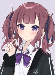 Rule 34 | 1girl, blush, bow, bowtie, brown hair, cevio, hair ribbon, highres, jacket, mole, mole under eye, natsuki karin, nepiui38, playing with own hair, purple bow, purple bowtie, purple eyes, ribbon, school uniform, shirt, simple background, solo, synthesizer v, twintails