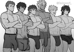 6+boys abs bara bulge character_request crossed_arms fire_emblem granblue_fantasy ike_(fire_emblem) kakenari large_bulge large_pectorals male_focus male_underwear monochrome multiple_boys nintendo pectorals sketch topless_male underwear vane_(granblue_fantasy) white_background