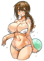 Rule 34 | 10s, 1girl, alternate breast size, ball, beachball, bikini, blush, breasts, brown eyes, brown hair, cleavage, cropped legs, curvy, groin, hair between eyes, hair ribbon, holding, holding ball, isonami (kancolle), kantai collection, large breasts, long hair, navel, open mouth, red ribbon, ribbon, sachito, sidelocks, simple background, solo, swimsuit, thick thighs, thighs, white background, white bikini
