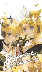 Rule 34 | 1boy, 1girl, :3, arm on another&#039;s shoulder, bass guitar, black gloves, blonde hair, blue eyes, bow, character name, collarbone, commentary, confetti, crown, finger to mouth, gloves, hair bow, hair ornament, hairclip, headphones, highres, instrument, jacket, kagamine len, kagamine rin, looking at viewer, midriff, navel, pendant choker, ribbon, short hair, short ponytail, smile, swept bangs, treble clef, upper body, vocaloid, white background, white bow, white jacket, yellow bow, yellow ribbon, zeriko