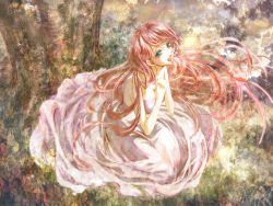 Rule 34 | 1girl, dress, female focus, green eyes, hands on own chest, long hair, megurine luka, nature, open mouth, outdoors, pink hair, plant, shikaji kashikai, sitting, solo, very long hair, vocaloid