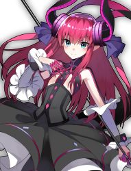 Rule 34 | 10s, 1girl, asymmetrical horns, blue eyes, blush, detached sleeves, dragon girl, dress, elizabeth bathory (fate), elizabeth bathory (fate/extra ccc), elizabeth bathory (first ascension) (fate), fate/extra, fate/extra ccc, fate (series), fuotchan, highres, horns, lance, long hair, looking at viewer, pink hair, pointy ears, polearm, ribbon, smile, solo, tail, two side up, uneven horns, weapon
