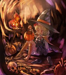 Rule 34 | 1girl, absurdres, arm support, basket, black footwear, black hat, black skirt, blonde hair, bloomers, bow, bowtie, brown socks, cape, full body, hair ribbon, halloween, halloween costume, hand up, hat, highres, holding, jack-o&#039;-lantern, kneehighs, knees together feet apart, kushidama minaka, large hat, leaning back, long sleeves, miniskirt, on ground, oversized clothes, red bow, red bowtie, red eyes, red ribbon, ribbon, rumia, shoes, short hair, sitting, skeleton, skirt, skirt set, skull, smile, socks, solo, touhou, underwear, unworn shoes, vest, witch hat