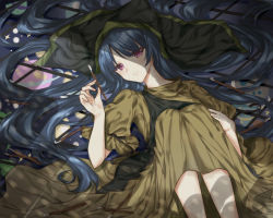 Rule 34 | 1girl, apron, blue hair, commentary request, dress, expressionless, green headwear, hair spread out, hand on own leg, haniyasushin keiki, holding, hood, knees to chest, long hair, looking at viewer, lying, on back, on floor, planet, planetary ring, puffy short sleeves, puffy sleeves, purionpurion, purple eyes, shadow, short sleeves, solo, star (symbol), tile floor, tiles, touhou, very long hair, wood carving tool, yellow dress