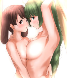 Rule 34 | 2girls, armpits, asymmetrical docking, blue eyes, blush, braid, breast press, breasts, brown eyes, brown hair, closed mouth, commentary request, green hair, hair between eyes, highres, kantai collection, large breasts, long hair, looking at viewer, mole, mole under mouth, multiple girls, nude, open mouth, revision, ryuujou (kancolle), simple background, small breasts, smile, tama (tamago), twintails, very long hair, white background, yuri, yuugumo (kancolle)