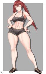 Rule 34 | 1girl, abs, arc edo11, bluedkrf, breasts, cleavage, fire emblem, fire emblem awakening, highres, large breasts, long hair, medium breasts, navel, nintendo, red eyes, red hair, severa (fire emblem), shoes, short shorts, shorts, sneakers, solo, sports bra, toned, toned female, twintails