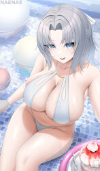 Rule 34 | 1girl, absurdres, azur lane, bare shoulders, bikini, blue eyes, breasts, cleavage, collarbone, food, fouriasensei, from above, grey hair, highres, large breasts, looking at viewer, looking up, official alternate costume, open mouth, parted bangs, parted lips, partially submerged, senran kagura, sideboob, sitting, smile, solo, spoon, swimsuit, teeth, thighs, upper teeth only, water, white bikini, yumi (afternoon teatime) (senran kagura), yumi (senran kagura)
