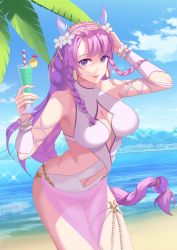 Rule 34 | 1girl, akashic chronicle, beach, blue sky, braid, breasts, closed mouth, cloud, cloudy sky, cup, drinking straw, earrings, flower, food, fruit, hair ornament, highres, holding, holding cup, jewelry, joe lee, juice, large breasts, lemon, lemon slice, long hair, looking at viewer, one-piece swimsuit, outdoors, pink eyes, pink hair, sky, smile, solo, swimsuit, twin braids, water, white flower, white one-piece swimsuit