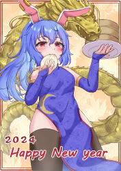 Rule 34 | 1girl, 2024, alternate costume, animal ears, bamboo steamer, black thighhighs, blue dress, blue hair, blush, china dress, chinese clothes, chinese zodiac, commentary request, crescent, dragon, dress, dumpling, earclip, eastern dragon, eating, floral print, food, highres, holding, holding plate, mizunisabano, plate, print dress, rabbit ears, red eyes, seiran (touhou), solo, thighhighs, touhou, year of the dragon
