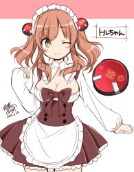 Rule 34 | 1girl, ;3, blush, bow, breasts, brown hair, center opening, cleavage, dated, hair ornament, looking at viewer, maid, maid headdress, one eye closed, original, personification, robotic vacuum cleaner, signature, sketch, solo, tsukudani norio, twintails, yellow eyes