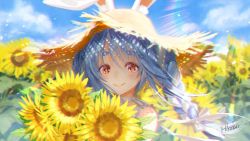 Rule 34 | 1girl, alternate costume, animal ear fluff, animal ears, artist name, blue hair, blue sky, blush, braid, closed mouth, cloud, cloudy sky, commentary, day, dress, flower, hair between eyes, hair ribbon, hat, hikosan, holding, holding flower, hololive, light blue hair, lips, long hair, looking at viewer, multicolored hair, outdoors, rabbit ears, rainbow, red eyes, ribbon, signature, sky, sleeveless, sleeveless dress, smile, solo, straw hat, sunflower, symbol-shaped pupils, thick eyebrows, tress ribbon, twin braids, twintails, two-tone hair, upper body, usada pekora, virtual youtuber, white dress, white hair, white ribbon