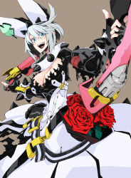 Rule 34 | 1girl, bad id, bad pixiv id, blue eyes, bouquet, breasts, cleavage, clover, elbow gloves, elphelt valentine, flower, four-leaf clover, gloves, grey hair, guilty gear, guilty gear xrd, gun, holding, holding weapon, large breasts, ms. confille, nayutarou (nyt kag), red flower, red rose, revolver rifle, rifle, rose, short hair, simple background, smile, solo, spoilers, weapon