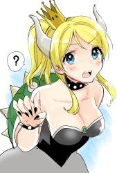 Rule 34 | 10s, 1girl, ?, ayase eli, black nails, blonde hair, blue eyes, blush, bowsette (cosplay), breasts, cleavage, collar, cosplay, crown, dress, fangs, fingernails, highres, horns, kazepana, large breasts, long hair, looking at viewer, love live!, love live! school idol project, nail polish, open mouth, ponytail, sharp fingernails, sharp teeth, simple background, solo, spiked collar, spiked shell, spikes, standing, super crown, sweatdrop, teeth, white background