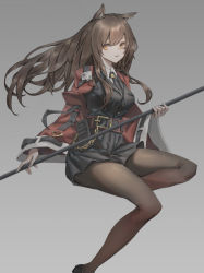 Rule 34 | 1girl, absurdres, animal ears, arknights, belt, black dress, breasts, brown hair, brown pantyhose, cat ears, chain, commentary, dress, feet out of frame, floating hair, grey background, highres, holding, holding staff, jacket, legs, long hair, looking at viewer, medium breasts, open clothes, open jacket, pantyhose, pleated dress, red jacket, short dress, simple background, skyfire (arknights), solo, staff, thighs, yellow eyes, ysy (ysy 0219)
