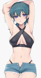 Rule 34 | 1girl, armpits, arms up, banned artist, bare arms, bikini, black bikini, blue eyes, blue hair, blue shorts, breasts, byleth (female) (fire emblem), byleth (fire emblem), commentary request, cowboy shot, criss-cross halter, cutoffs, fire emblem, fire emblem: three houses, grey background, hair between eyes, halterneck, highres, large breasts, long hair, looking at viewer, navel, nintendo, open fly, parted lips, shimizu akina, short shorts, shorts, simple background, solo, standing, stomach, swimsuit