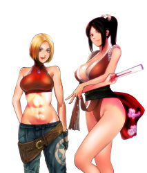 Rule 34 | 2girls, abs, blonde hair, blue eyes, blue mary, breasts, brown hair, cleavage, curvy, denim, fatal fury, female focus, folding fan, hand fan, highres, holding, holding fan, jeans, large breasts, midriff, multiple girls, muscular, muscular female, navel, ninja, pants, pelvic curtain, ponytail, revealing clothes, shiranui mai, smile, snk, standing, the king of fighters, thick thighs, thighs, wide hips