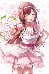 Rule 34 | 1girl, bare shoulders, blush, choker, citrusmikan, collarbone, dress, frilled dress, frills, hairband, hand on own hip, highres, idolmaster, idolmaster shiny colors, long hair, looking at viewer, one eye closed, open mouth, osaki amana, pink dress, red hair, sleeveless, sleeveless dress, smile, solo, swept bangs, white choker, yellow eyes