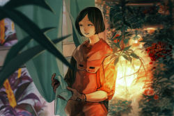 Rule 34 | 1girl, blurry, bob cut, curtains, depth of field, flower, gloves, gonzales rocky, lantern, open mouth, plant, realistic, short hair, sleeves rolled up, solo