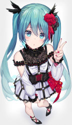Rule 34 | 1girl, :o, aqua hair, arm garter, bib (bibboss39), blue eyes, dress, eyes visible through hair, flower, frills, from above, hair between eyes, hair flower, hair ornament, hair ribbon, hatsune miku, high heels, highres, lace, long hair, long sleeves, looking at viewer, nail polish, open mouth, project sekai, red nails, ribbon, rose, sidelocks, simple background, solo, standing, tattoo, twintails, v, very long hair, vocaloid, white background, white dress