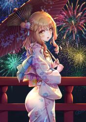 Rule 34 | 1boy, androgynous, ass, bamboo, covering own mouth, fireworks, floral print, from behind, hair bun, hair ornament, highres, holding, holding umbrella, japanese clothes, kimono, looking at viewer, looking to the side, natsusora wakana, night, night sky, novady, obi, open mouth, orange hair, original, print kimono, sash, see-through, sky, standing, star (sky), star (symbol), star hair ornament, starry sky, tanabata, taut clothes, trap, umbrella, wide hips, yellow eyes, yukata