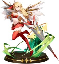 Rule 34 | 1girl, adrianne (eversoul), angel, angel wings, blonde hair, boots, braid, breasts, cleavage, cleavage cutout, clothing cutout, crop top, crystal, eversoul, full body, game cg, green eyes, hair between eyes, half up braid, highres, holding, holding polearm, holding weapon, lance, long hair, long sleeves, looking to the side, medium breasts, midriff, navel, no halo, non-web source, official alternate costume, official art, pointy ears, polearm, red footwear, red skirt, salute, shirt, skirt, smile, solo, standing, standing on one leg, tachi-e, thigh boots, thighhighs, transparent background, turtleneck, turtleneck shirt, two-tone shirt, weapon, white shirt, white wings, wings