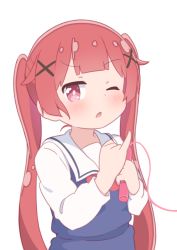 Rule 34 | 1girl, blue dress, blunt bangs, blush, bow, child, commentary request, dress, hair ornament, hatafuta, holding, long hair, long sleeves, looking at viewer, one eye closed, open mouth, pinky out, purple eyes, red bow, red hair, sailor collar, sailor dress, school uniform, shirt, simple background, solo, string, tanemura koyori, twintails, upper body, very long hair, watashi ni tenshi ga maiorita!, white background, white sailor collar, white shirt, x hair ornament