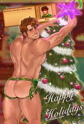 Rule 34 | 1boy, absurdres, alex (stardew valley), alternate costume, ass, ass cutout, bakku (bakkunsfw), bara, brown hair, butt crack, christmas, christmas tree, clothing cutout, decorating, facial hair, feet out of frame, from behind, gift wrapping, green eyes, highres, large pectorals, looking at viewer, male focus, mature male, muscular, muscular male, nipples, pectorals, revealing clothes, short hair, sideburns stubble, snowing, solo, standing, stardew valley, stubble, thick eyebrows, thick thighs, thighs
