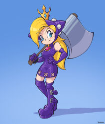 Rule 34 | 1girl, alternate costume, alternate hairstyle, angry, axe, blonde hair, blue background, blue eyes, breasts, crown, detached sleeves, elcajarito, full body, hand on own hip, highres, holding, holding weapon, latex, long hair, looking at viewer, mario (series), mario power tennis, mario tennis, medium breasts, nintendo, warupeach, weapon