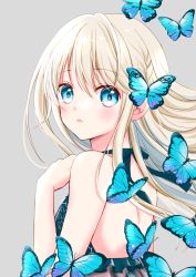 Rule 34 | 1girl, bikini, blonde hair, blue eyes, blush, bug, butterfly, commentary request, frilled bikini, frills, grey background, hair between eyes, halterneck, highres, insect, long hair, looking at viewer, original, sidelocks, simple background, solo, swimsuit, tiramisu651