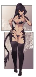 Rule 34 | 1girl, :d, au ra, black bra, black hair, black panties, black thighhighs, bra, breasts, bright pupils, brown eyes, cleavage, dragon girl, final fantasy, final fantasy xiv, finger to mouth, full body, hair between eyes, hand on own hip, high ponytail, highres, horns, lamb-oic029, long hair, looking at viewer, monster girl, open mouth, panties, side-tie panties, smile, solo, square enix, standing, tail, thighhighs, underwear, underwear only, white pupils
