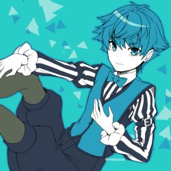 Rule 34 | 1boy, blue eyes, blue hair, blue shorts, blue theme, blue vest, bow, bowtie, child, expressionless, fate/extra, fate/grand order, fate (series), hans christian andersen (fate), leggings, long sleeves, looking at viewer, male focus, mepo (raven0), pantyhose, shirt, short hair, shorts, simple background, solo, striped clothes, striped shirt, vest