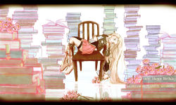 Rule 34 | 1girl, aqua eyes, asymmetrical legwear, blonde hair, book, book stack, boots, braid, chair, character name, detached sleeves, flower, happy birthday, haruka nagazumi, holding, holding book, ia (vocaloid), knee boots, kneehighs, letterboxed, long hair, open book, pleated skirt, reclining, reflective floor, single kneehigh, single sock, skirt, socks, solo, thigh strap, twin braids, uneven legwear, very long hair, vocaloid, white footwear