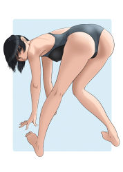 Rule 34 | 1girl, amagami, ass, bad id, bad pixiv id, barefoot, bent over, black hair, competition swimsuit, kneepits, legs, long legs, looking back, one-piece swimsuit, open mouth, osomatu-sama, solo, striped, striped background, swimsuit, tsukahara hibiki, tsurime
