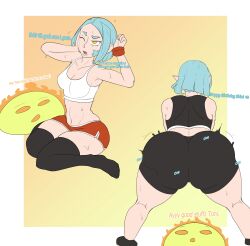 Rule 34 | 1girl, absurdres, ass, ass shake, blue hair, breasts, crop top, dolphin shorts, from behind, highres, navel, one eye closed, pointy ears, scrunchie, shorts, sitting, small breasts, stomach, sunlightnova, sweat, tank top, thick eyebrows, thick thighs, thighhighs, thighs, toni (shinobupp), twerking, wrist scrunchie, yellow eyes