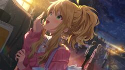 Rule 34 | blonde hair, building, cloud, earrings, faceless, game cg, green eyes, hoshii miki, idolmaster, idolmaster million live!, idolmaster million live! theater days, jewelry, lamppost, necklace, off-shoulder sweater, off shoulder, official art, open mouth, ponytail, sweater