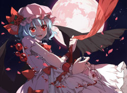 Rule 34 | 1girl, alcohol, bat wings, blue hair, bow, cup, dress, drinking glass, flower, full moon, hat, hat flower, jpeg artifacts, mob cap, moon, night, petals, red eyes, remilia scarlet, short hair, simple background, sindre, solo, spill, touhou, wine, wine glass, wings, wrist cuffs